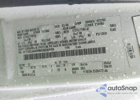 2008 Ford E-250 Commercial/Recreational z USA, uszkodzony, nr VIN 1FTNE24W08DB08558